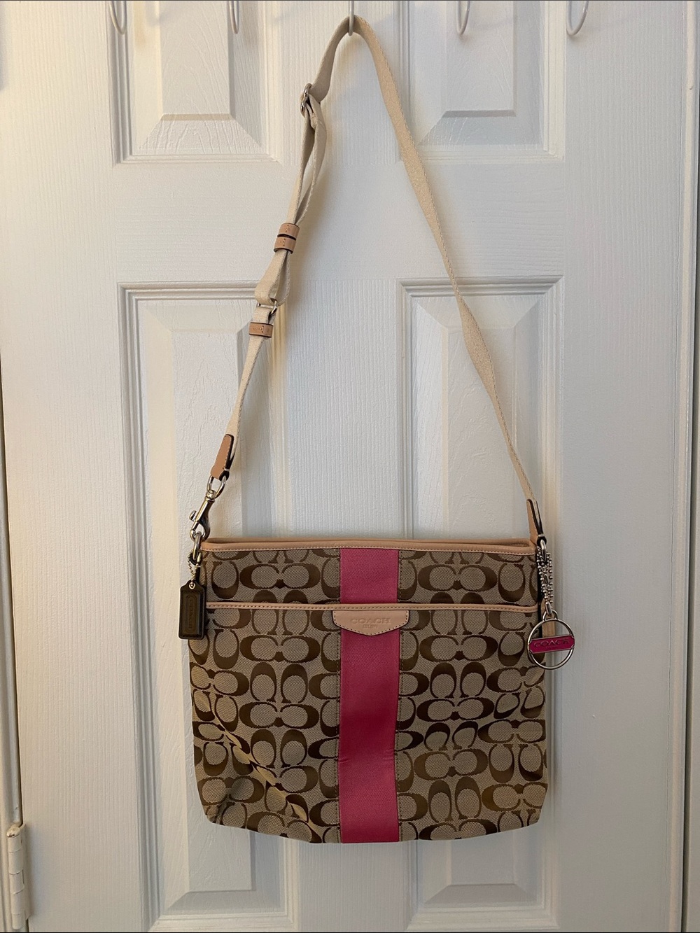Coach Brown Signature Canvas Crossbody with Pink Stripe